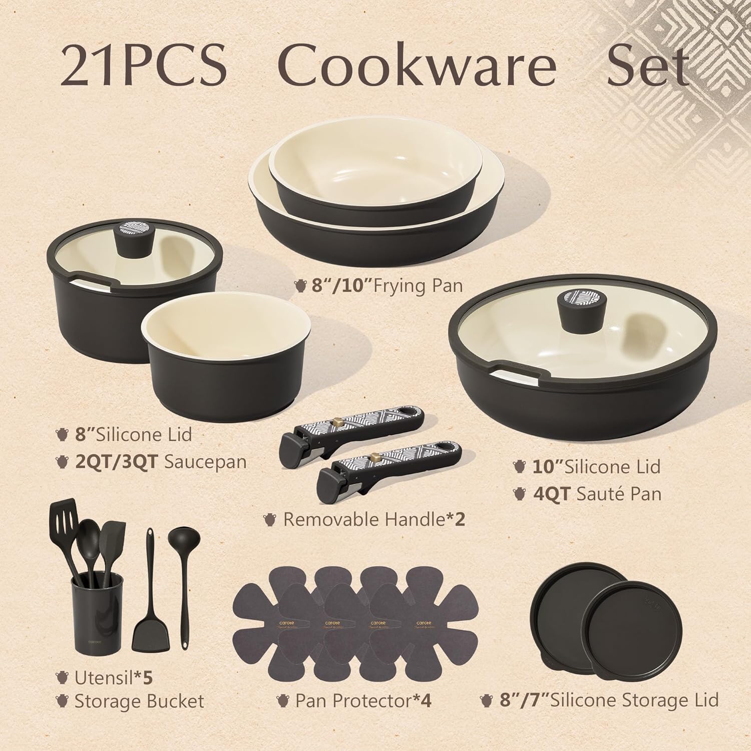 21-Piece Ceramic Cookware Set with Detachable Handles