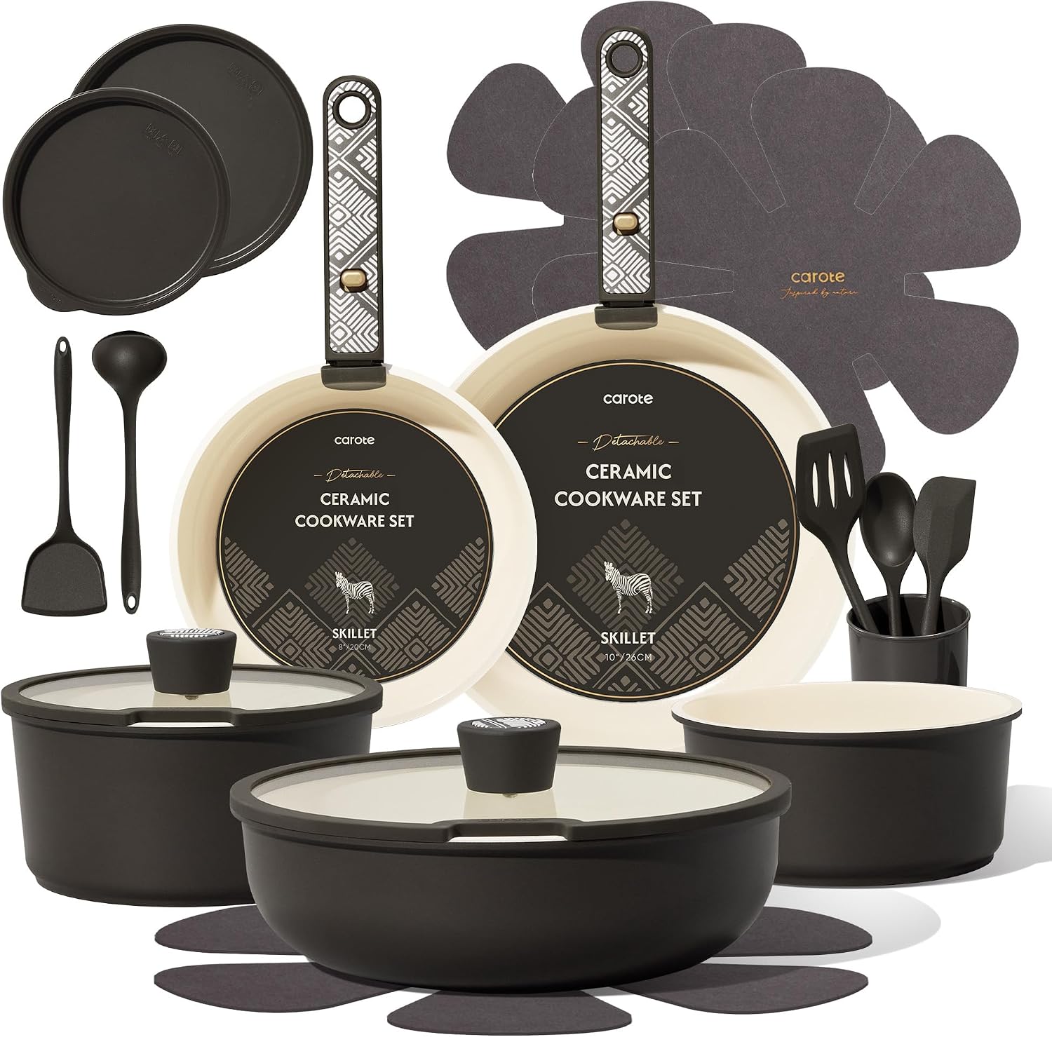 21-Piece Ceramic Cookware Set with Detachable Handles