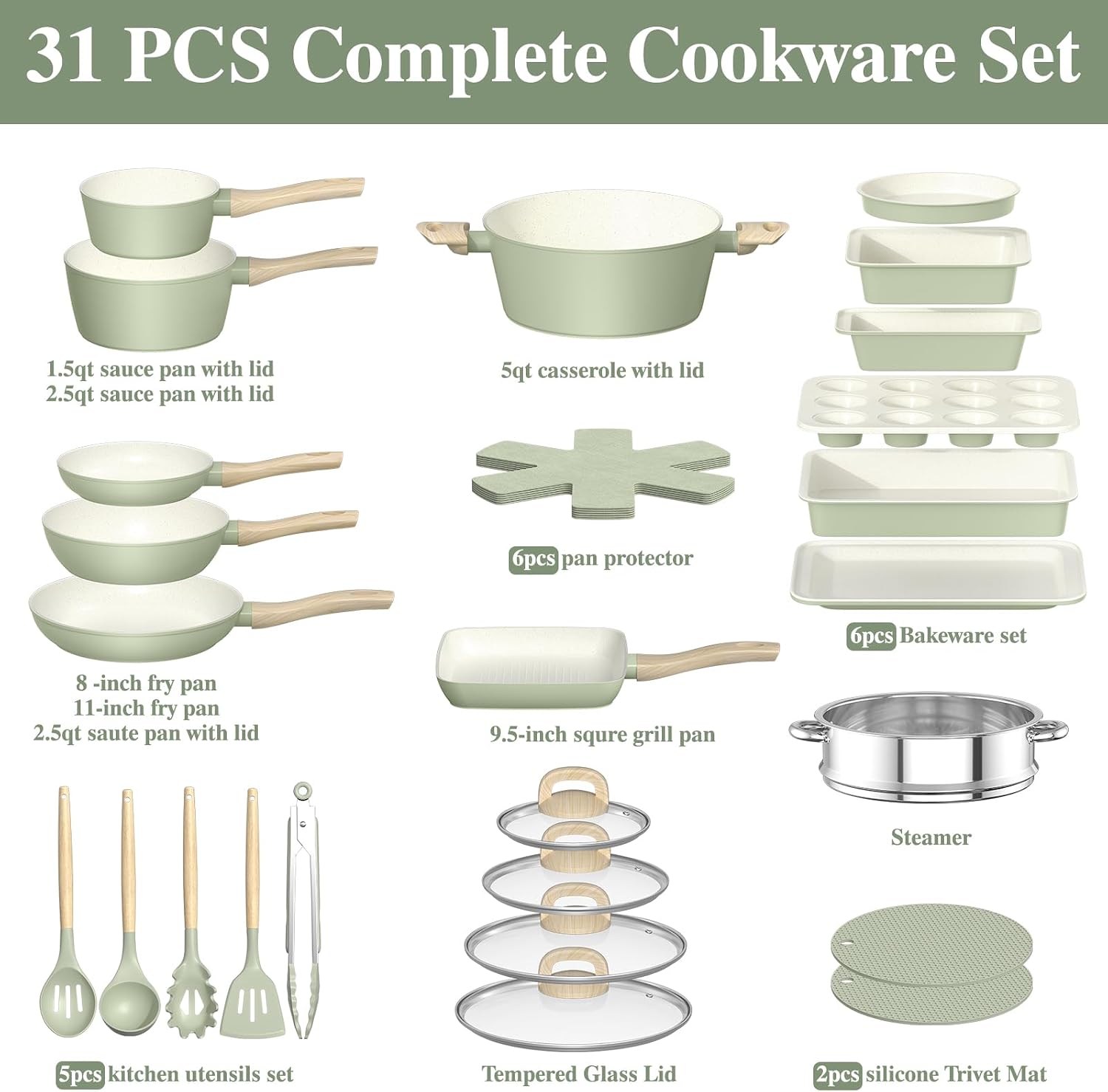 31-Piece Sage Green Cookware and Bakeware Set