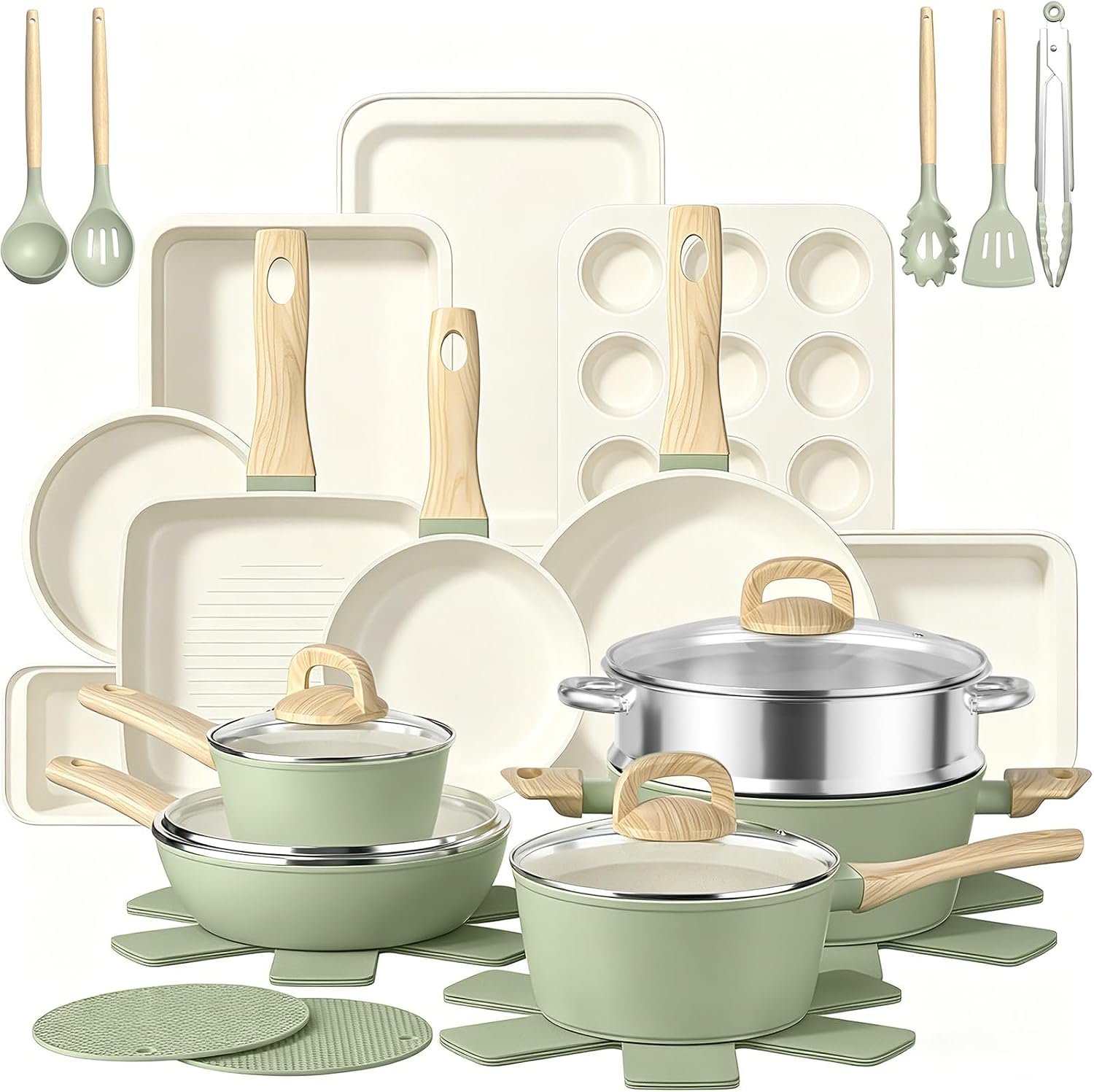 31-Piece Sage Green Cookware and Bakeware Set